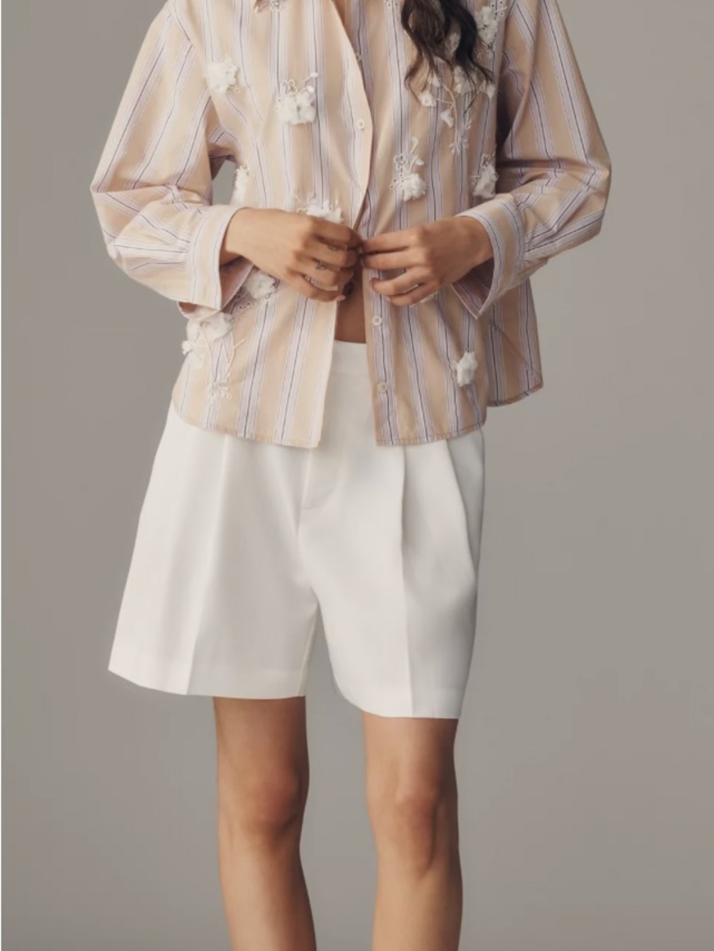 Anthropologie Maeve Bennet Purple Stripe Floral Shrunken Embellished Shirt L NWT - Picture 7 of 15